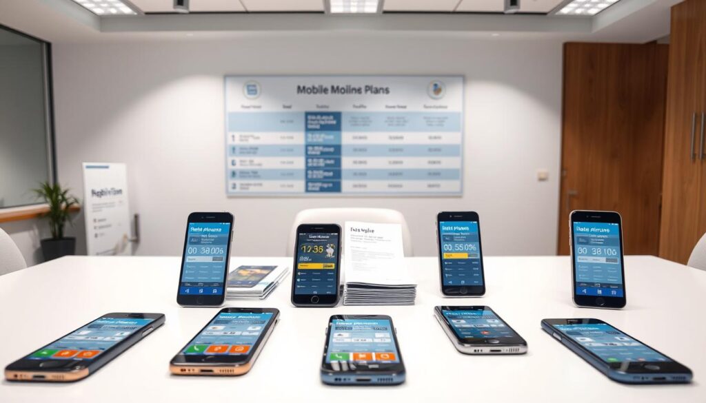 A well-lit, modern office setting with a clean, minimalist desk showcasing various mobile phone plans on display. In the foreground, several mobile devices are arranged neatly, their screens displaying plan details and pricing. In the middle ground, various plan brochures and documents are organized, highlighting the key features and data allowances. The background features a large, professional-looking infographic comparing the plans' data, talk time, and other essential metrics. The overall scene conveys a sense of practicality, efficiency, and the ability to make an informed decision about the best value plans for everyday use. A well-lit, modern office setting with a clean, minimalist desk showcasing various mobile phone plans on display. In the foreground, several mobile devices are arranged neatly, their screens displaying plan details and pricing. In the middle ground, various plan brochures and documents are organized, highlighting the key features and data allowances. The background features a large, professional-looking infographic comparing the plans' data, talk time, and other essential metrics. The overall scene conveys a sense of practicality, efficiency, and the ability to make an informed decision about the best value plans for everyday use.