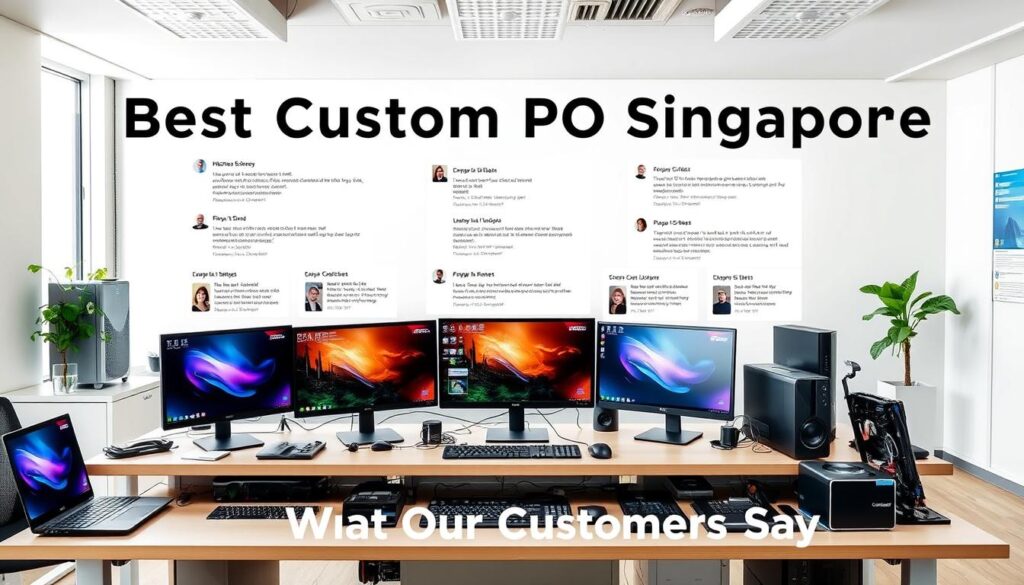 A well-lit, modern office setting with a large desk showcasing a collection of customer review laptops, monitors, and desktops. The foreground features a variety of PC components, peripherals, and accessories neatly arranged, reflecting the attention to detail and expertise of the custom PC builder. The middle ground displays several satisfied customers' testimonials and positive reviews, conveying a sense of trust and reliability. The background depicts a clean, minimalist interior design with large windows, allowing natural light to fill the space and create a warm, inviting atmosphere. The overall scene exudes a professional, yet approachable vibe, perfectly encapsulating the "Best Custom PC Builder Singapore - Expert PC Building" brand and the "What Our Customers Say" section. A well-lit, modern office setting with a large desk showcasing a collection of customer review laptops, monitors, and desktops. The foreground features a variety of PC components, peripherals, and accessories neatly arranged, reflecting the attention to detail and expertise of the custom PC builder. The middle ground displays several satisfied customers' testimonials and positive reviews, conveying a sense of trust and reliability. The background depicts a clean, minimalist interior design with large windows, allowing natural light to fill the space and create a warm, inviting atmosphere. The overall scene exudes a professional, yet approachable vibe, perfectly encapsulating the "Best Custom PC Builder Singapore - Expert PC Building" brand and the "What Our Customers Say" section.