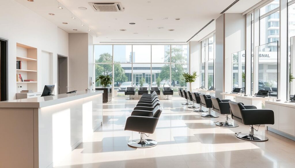 A well-lit, modern salon interior in Wisma Atria, a premier shopping destination in the heart of Singapore. The reception area features a sleek, minimalist design with clean lines and a neutral color palette. Large windows allow natural light to flood the space, creating a bright and airy atmosphere. In the background, stylish salon chairs are arranged in an orderly fashion, ready to welcome guests. The overall ambiance exudes a sense of sophistication and professionalism, perfectly suited for a top-rated salon experience.