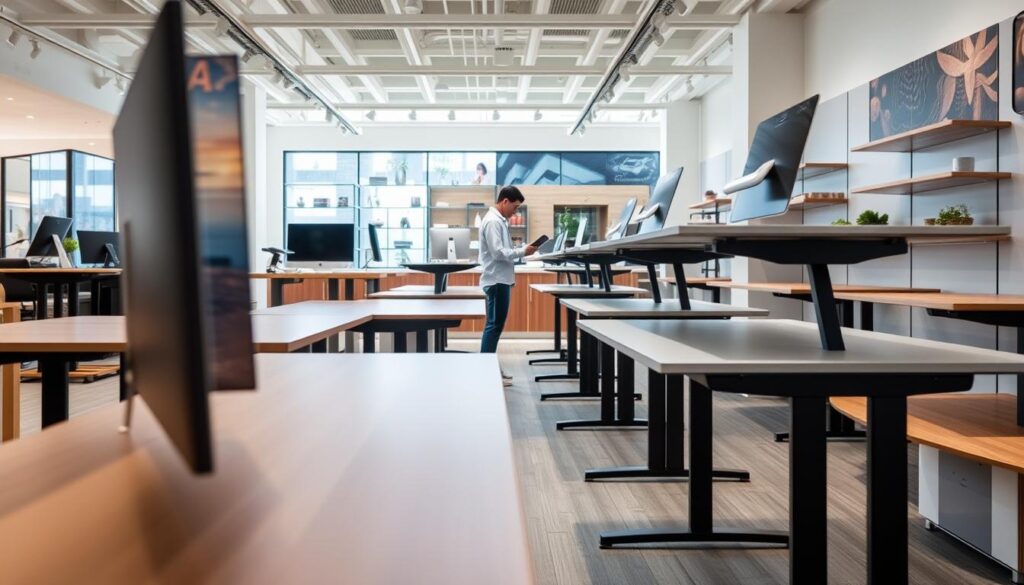A well-lit modern showroom showcasing an array of sleek, ergonomic standing desks in Singapore. The foreground features various desk models, with attention to detail in the craftsmanship and finishes. In the middle ground, a customer examines a desk, considering its adjustable height and sturdy build. The background subtly depicts the store's contemporary, minimalist aesthetic, hinting at the thoughtful curation of the standing desk selection. The lighting is bright and natural, accentuating the desks' clean lines and premium materials. An atmosphere of considered design and practical functionality permeates the scene, enticing potential buyers to envision the desks in their own workspaces.
