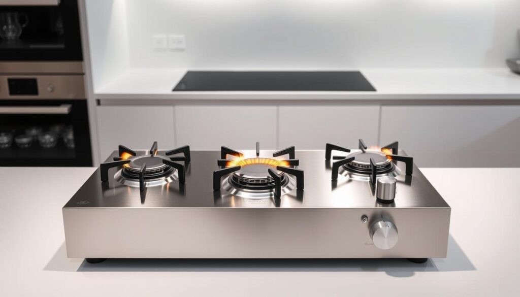 A well-lit, modern three-burner gas hob set against a sleek, minimalist kitchen backdrop. The gleaming stainless steel surface reflects the warm glow of the gas flames, ready to power a family cooking session. Precisely arranged knobs and grates allow for effortless control and heat adjustment. The hob is positioned atop a clean, white countertop, with ample space around it for prepping ingredients. Soft, directional lighting illuminates the scene, highlighting the hob's functional yet elegant design. An overall atmosphere of efficiency and culinary potential, perfect for the needs of a busy household.