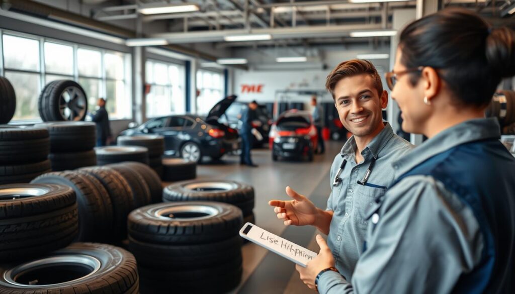 A well-lit, modern tyre service centre with a focus on customer experience. In the foreground, a friendly staff member assists a customer, explaining tyre options and recommendations. The middle ground features a showroom-like display of various high-quality tyres, showcasing their features. In the background, a team of skilled technicians works efficiently on customer vehicles, ensuring a smooth and transparent service process. The overall atmosphere conveys professionalism, attention to detail, and a commitment to exceeding customer expectations.