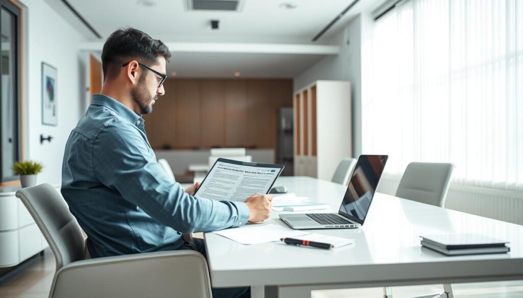 A well-lit office interior with a desk, a laptop, and several documents on it. A man is sitting at the desk, carefully reviewing and comparing electrical service provider options on his laptop screen. The room has a professional, modern feel with sleek furniture and neutral tones. The lighting is bright and directional, creating interesting shadows and highlights that accentuate the details of the scene. The overall atmosphere conveys a sense of thoughtful decision-making and the importance of choosing the right electrical service provider.