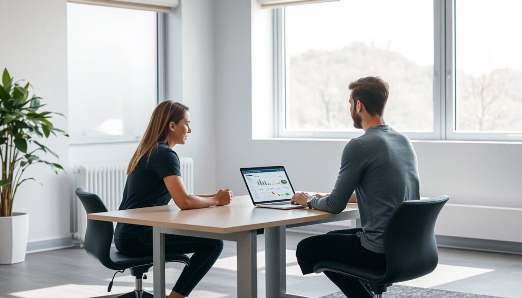 A well-lit office interior with a personal trainer conducting an evaluation session. The trainer sits across a desk from the client, reviewing fitness assessments and charts on a laptop. The client is engaged, leaning forward attentively. The room has a minimalist, professional vibe with clean lines, neutral colors, and a large window letting in natural light. The atmosphere is one of focused collaboration, with the trainer providing personalized guidance and the client eager to understand their fitness progress and next steps. A well-lit office interior with a personal trainer conducting an evaluation session. The trainer sits across a desk from the client, reviewing fitness assessments and charts on a laptop. The client is engaged, leaning forward attentively. The room has a minimalist, professional vibe with clean lines, neutral colors, and a large window letting in natural light. The atmosphere is one of focused collaboration, with the trainer providing personalized guidance and the client eager to understand their fitness progress and next steps.