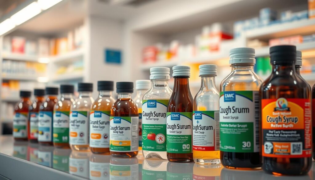 A well-lit pharmacy counter displaying an assortment of dextromethorphan-based cough syrups in various sizes and flavors. The bottles are arranged neatly, their labels prominently showcasing the active ingredient. Soft, diffused lighting casts a warm glow, highlighting the translucent liquids within. The scene conveys a sense of professionalism and attention to detail, reflecting the quality and care taken in selecting the best cough syrup options available in Singapore. A well-lit pharmacy counter displaying an assortment of dextromethorphan-based cough syrups in various sizes and flavors. The bottles are arranged neatly, their labels prominently showcasing the active ingredient. Soft, diffused lighting casts a warm glow, highlighting the translucent liquids within. The scene conveys a sense of professionalism and attention to detail, reflecting the quality and care taken in selecting the best cough syrup options available in Singapore.
