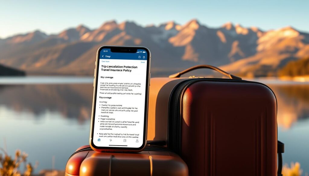 A well-lit, pristine landscape with a serene lake in the foreground. In the center, a traveler's luggage and a smartphone display showcasing a trip cancellation protection travel insurance policy. The policy details are clearly visible, with a focus on the key coverage information. The background features a tranquil mountain range bathed in warm, golden sunlight, conveying a sense of security and protection for the traveler's journey. The composition is balanced, with the insurance policy prominently featured, emphasizing its importance in safeguarding the traveler's plans.