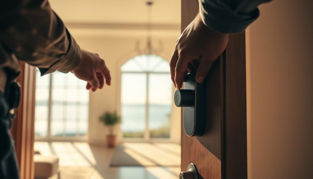 A well-lit professional digital lock installation scene. The foreground shows a skilled technician's hands carefully installing a sleek, modern smart lock on a wooden door frame. The middle ground reveals the full interior of a chic, minimalist entryway, with clean lines and neutral tones. The background features a serene, out-of-focus view through large windows, suggesting a tranquil, upscale residential or commercial setting. The lighting is warm and directional, casting subtle shadows that add depth and drama to the composition. The angle is slightly elevated, lending an air of authority and expertise to the installation process. A well-lit professional digital lock installation scene. The foreground shows a skilled technician's hands carefully installing a sleek, modern smart lock on a wooden door frame. The middle ground reveals the full interior of a chic, minimalist entryway, with clean lines and neutral tones. The background features a serene, out-of-focus view through large windows, suggesting a tranquil, upscale residential or commercial setting. The lighting is warm and directional, casting subtle shadows that add depth and drama to the composition. The angle is slightly elevated, lending an air of authority and expertise to the installation process.