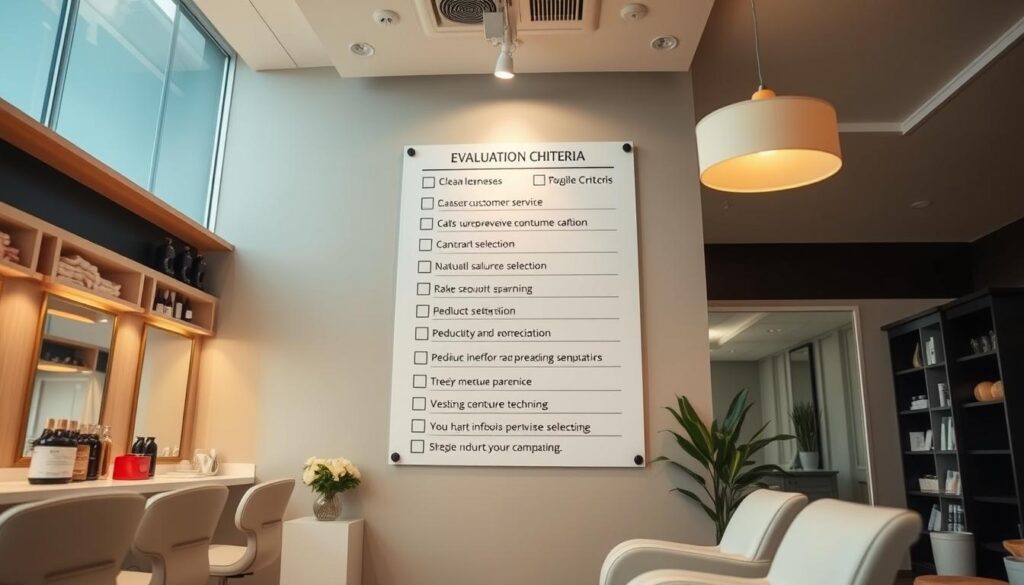 A well-lit, professional nail salon interior with a large evaluation criteria checklist prominently displayed on the wall. The checklist features various categories such as cleanliness, customer service, technique, and product selection, all presented in a neatly organized format. The salon's atmosphere is calm and inviting, with soft lighting, minimalist decor, and a serene ambiance. The camera angle captures the evaluation criteria in focus, while the surrounding salon details provide contextual information. The overall composition conveys a sense of professionalism and attention to detail, highlighting the salon's commitment to providing a high-quality pedicure experience.