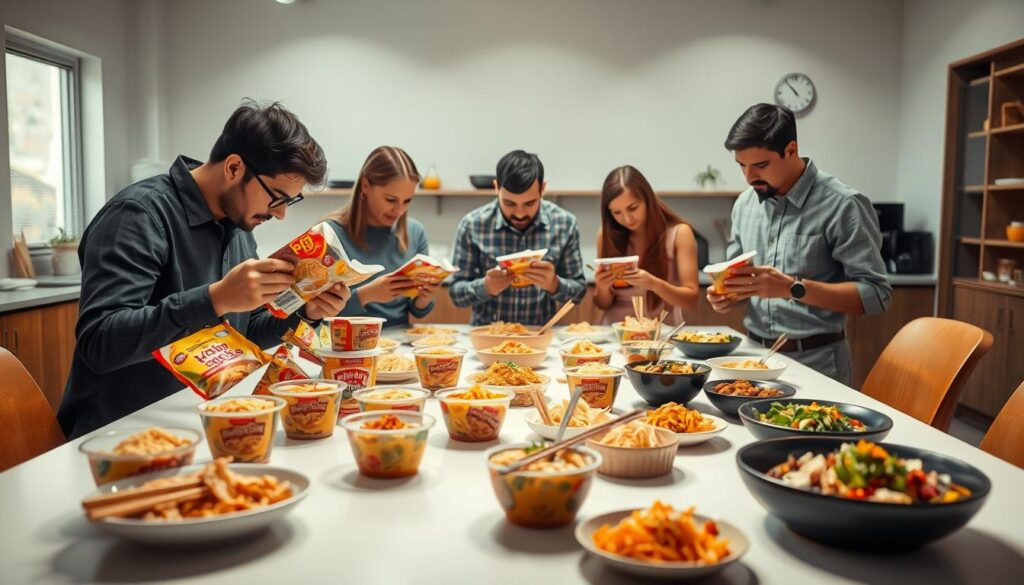 A well-lit professional studio setting showcasing the instant noodle review process. In the foreground, a group of food experts closely examining various instant noodle packages, evaluating the ingredients, texture, and flavor profiles. In the middle ground, a clean, minimalist table displays an array of noodle cups, bowls, and dishes, each meticulously prepared and photographed from multiple angles. The background features a softly blurred, modern kitchen environment, with subtle hints of cooking equipment and utensils, conveying a sense of culinary expertise. The lighting is warm and natural, creating depth and highlighting the textures and colors of the noodle dishes. The overall mood is one of analytical focus, attention to detail, and a commitment to providing the reader with a comprehensive and informative instant noodle review.