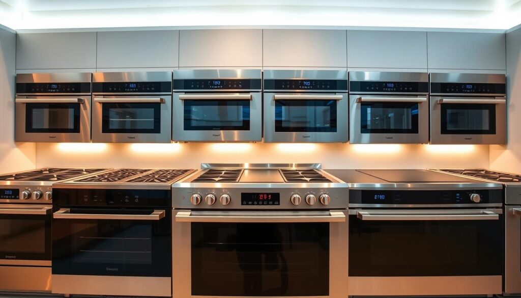 A well-lit showroom display of top-rated electric oven models in Singapore. The ovens are arranged in a symmetrical grid, showcasing their sleek, modern designs with stainless steel finishes and intuitive control panels. Warm, directional lighting highlights the contours and textures of each appliance, creating a high-end, premium atmosphere. The background is a clean, minimalist space with white walls and subtle grey accents, allowing the ovens to take center stage. The image captures the quality and performance of these best-in-class electric ovens, positioning them as desirable centerpieces for any contemporary kitchen in Singapore. A well-lit showroom display of top-rated electric oven models in Singapore. The ovens are arranged in a symmetrical grid, showcasing their sleek, modern designs with stainless steel finishes and intuitive control panels. Warm, directional lighting highlights the contours and textures of each appliance, creating a high-end, premium atmosphere. The background is a clean, minimalist space with white walls and subtle grey accents, allowing the ovens to take center stage. The image captures the quality and performance of these best-in-class electric ovens, positioning them as desirable centerpieces for any contemporary kitchen in Singapore.