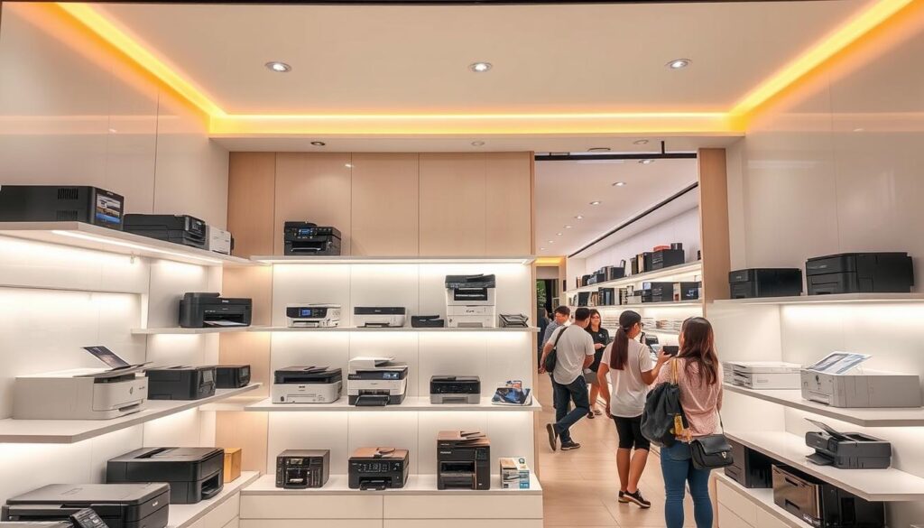 A well-lit storefront showcasing a variety of modern printer models on sleek display shelves. The store's interior features a minimalist, contemporary design with clean lines and warm lighting. Shoppers are browsing the selection, examining the features and specifications of the different printers. The scene conveys a sense of helpful guidance and informed decision-making, as customers consider their home printing needs. The overall atmosphere is one of a professional, trustworthy electronics retailer offering a curated selection of the best printer purchasing options in Singapore.