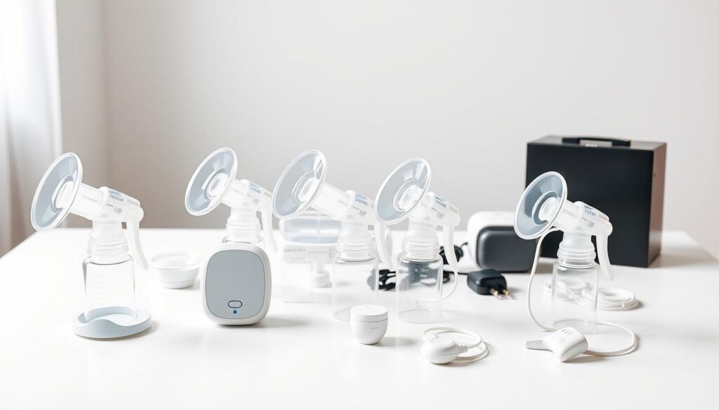 A well-lit studio scene showcasing an assortment of modern electric breast pumps, placed on a clean white tabletop. The pumps are arranged in a visually appealing manner, highlighting their various features and designs. The foreground focuses on the pumps, capturing their ergonomic shapes, intuitive controls, and discreet profiles. The middle ground includes accessories like bottles, tubing, and power adapters, demonstrating the complete set-up. The background is slightly blurred, creating a sense of depth and emphasizing the products. Soft, directional lighting casts subtle shadows, accentuating the pumps' forms and textures. The overall mood is professional, informative, and tailored to the needs of new mothers.