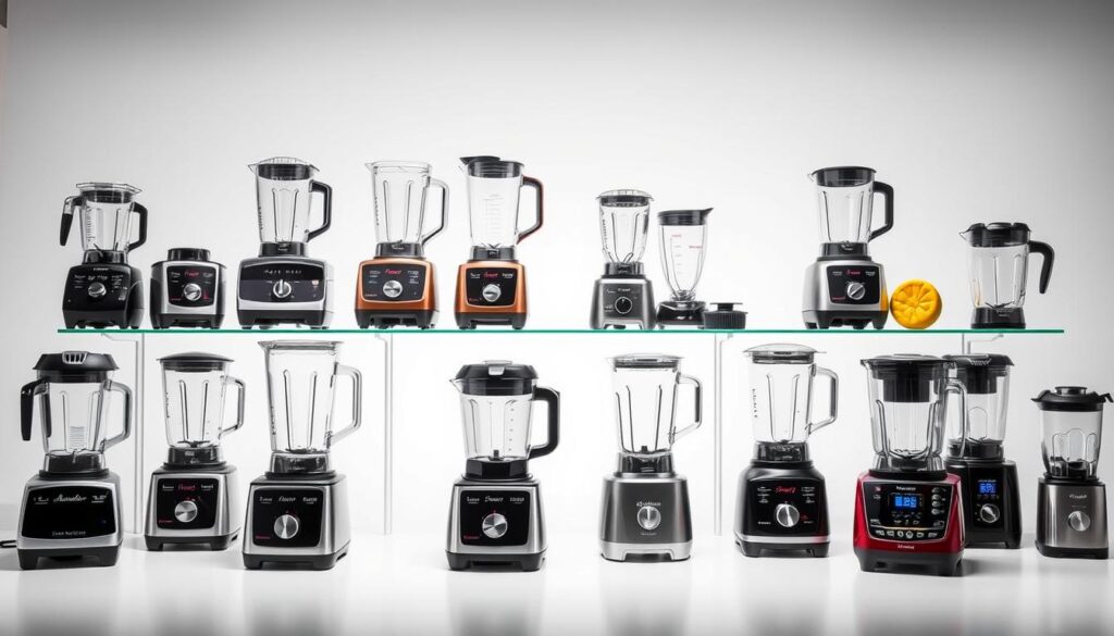 A well-lit studio setting showcasing a comparison of various blender categories, including high-performance models, compact personal blenders, and multi-functional kitchen appliances. The blenders are arranged in a visually pleasing grid layout, allowing for easy side-by-side comparison. The lighting is soft and diffused, highlighting the sleek designs and glossy finishes of the blenders. The background is a neutral, minimalist backdrop, allowing the focus to remain on the featured products. The overall mood is one of professionalism and functionality, suitable for an article on the best blenders for Singaporean homes.