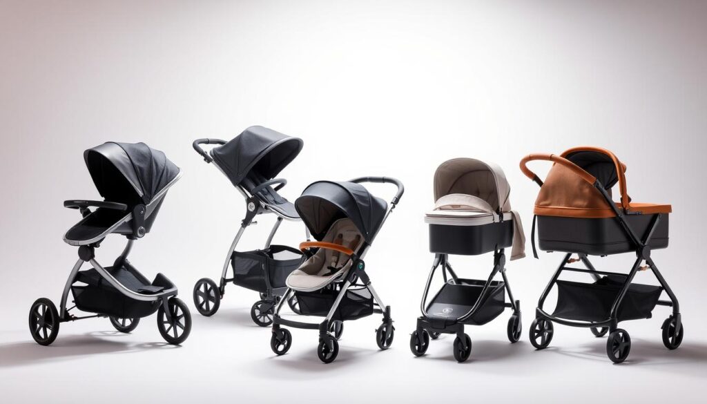 A well-lit studio setting showcasing an assortment of high-quality stroller types, including a sleek modern city stroller, a rugged all-terrain model, a lightweight umbrella stroller, and a luxury pram with elegant leather accents. The strollers are arranged in a visually appealing grid, allowing for easy comparison of their distinctive features and designs. Soft, directional lighting accentuates the materials, textures, and contours of each stroller, creating a sense of depth and dimensionality. The background is a neutral, studio-style setting, keeping the focus solely on the strollers and allowing the viewer to clearly evaluate and compare the different types.