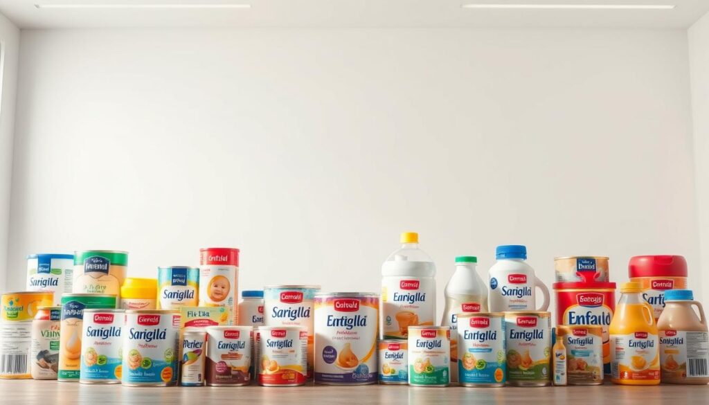 A well-lit studio setting showcasing an assortment of infant formula cans and bottles in the foreground. The cans and bottles should be meticulously arranged to highlight their various types, brands, and formulations. In the middle ground, include a clean, minimal backdrop that allows the products to take center stage. Use soft, diffused lighting to create a sense of warmth and quality. Capture the scene from a slight overhead angle to provide a comprehensive view of the different formula options. The overall mood should be professional, informative, and visually appealing, conveying the wide range of infant formula available in Singapore.