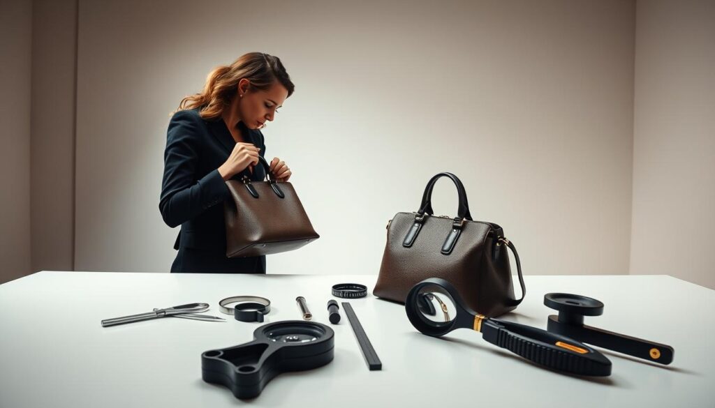 A well-lit studio setting showcasing the luxury bag appraisal process. In the foreground, a fashion expert carefully examines a high-end designer handbag, inspecting every detail with a keen eye. In the middle ground, various appraisal tools, such as magnifying glasses and measurement devices, are neatly arranged on a sleek, modern table. The background features a minimalist, light-colored wall, creating a clean, sophisticated ambiance. Soft, directional lighting casts a warm, professional glow over the scene, highlighting the textural qualities of the leather and hardware. The overall mood conveys a sense of expertise, precision, and the meticulous care taken in the valuation of a luxury item.