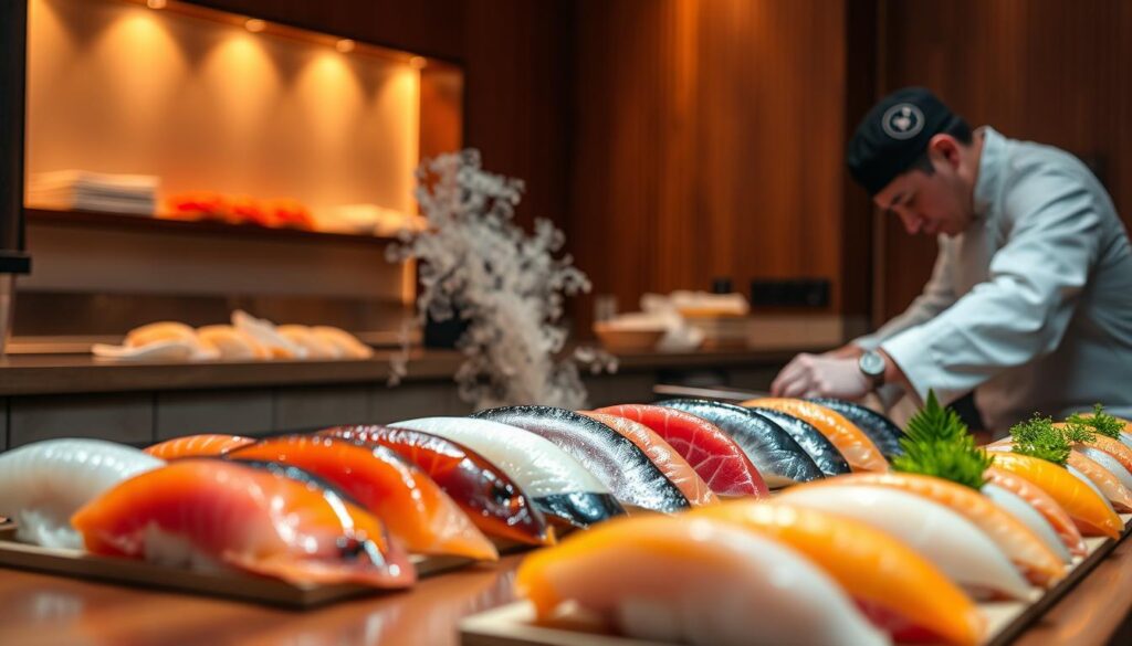 A well-lit sushi counter showcases an array of premium seasonal fish in vibrant hues. Gleaming silver salmon, tuna, and yellowtail are artfully arranged, their translucent flesh glistening under soft, warm lighting. The counter is made of polished, dark wood, creating a refined, minimalist backdrop. A skilled sushi chef, garbed in a pristine white uniform, meticulously prepares each delicate morsel with precision and care. The atmosphere is one of tranquility and elegance, inviting the viewer to savor the exceptional quality and craftsmanship of Kan Sushi's seasonal offerings.