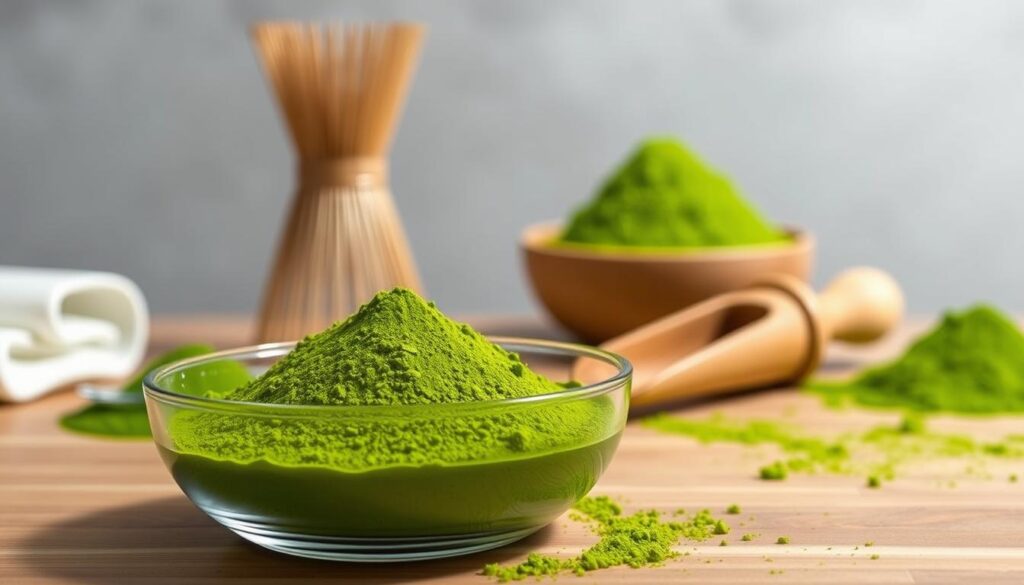 A well-lit tabletop scene showcasing various samples of high-quality matcha powder. In the foreground, a glass bowl filled with vibrant green matcha powder, its fine texture and uniform color suggesting exceptional freshness and purity. Slightly out of focus in the middle ground, a bamboo whisk and a traditional Japanese tea scoop rest beside the bowl, hinting at the ritual of matcha preparation. In the background, a minimalist backdrop of muted tones allows the matcha to take center stage, its verdant hue popping against the subtle setting. Soft, diffused lighting from overhead casts a gentle glow, emphasizing the powder's alluring appearance and subtle sheen. The overall mood is one of serenity, inviting the viewer to appreciate the nuances of this prized Japanese tea ingredient.