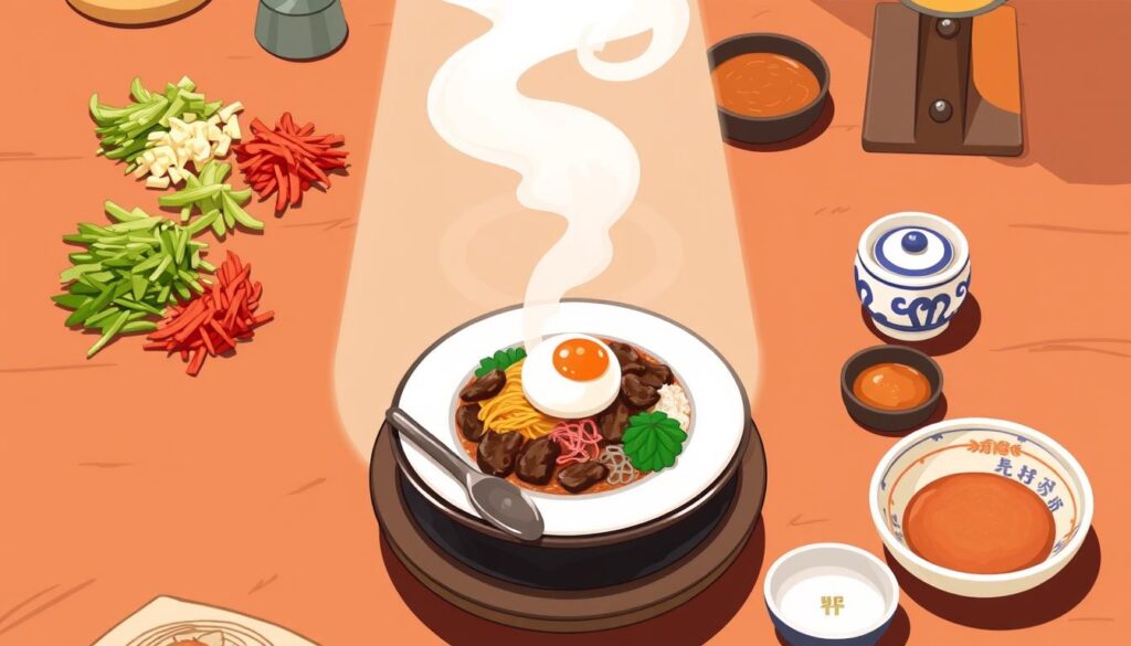 A well-lit, visually appealing illustration depicting the key criteria for evaluating a Korean restaurant's bibimbap offering. A central plate of bibimbap is surrounded by a halo of supporting elements: freshly chopped vegetables, a gleaming metal spoon, a sizzling stone bowl, and a traditional porcelain banchan dish. The scene is bathed in warm, earthy tones, evoking the inviting ambiance of a cozy Korean eatery. The overall composition conveys a sense of thoughtful curation and attention to detail, reflecting the nuanced assessment needed to identify the best bibimbap in Singapore.