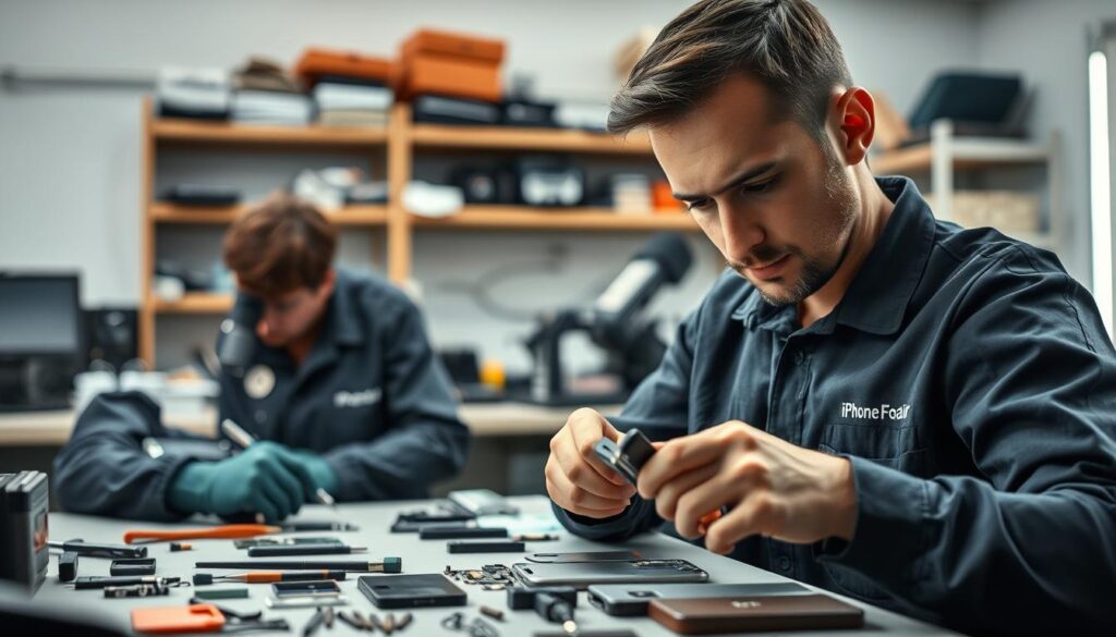 A well-lit workshop interior with skilled iPhone repair technicians at work. In the foreground, a technician in a branded uniform carefully disassembles an iPhone, tools neatly arranged on the workbench. In the middle ground, another technician analyzes a circuit board under a magnifying glass, brow furrowed in concentration. The background shows shelves stocked with spare parts and diagnostic equipment, conveying a sense of professionalism and expertise. Soft, diffused lighting creates an atmosphere of focused productivity, the technicians' faces illuminated with determination to provide top-tier iPhone repair services.