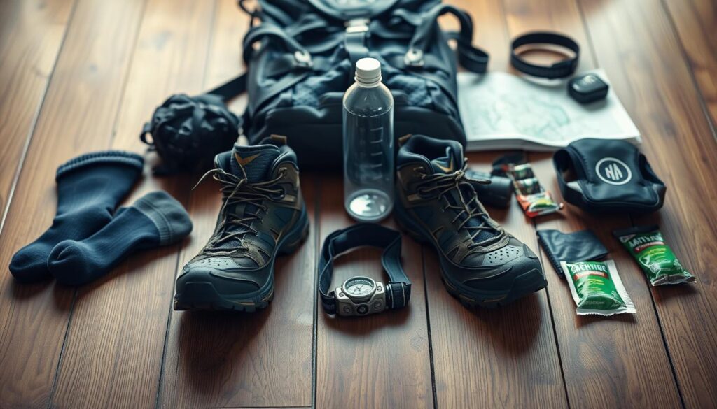 A well-organized array of hiking gear laid out on a wooden surface, illuminated by soft, natural lighting. In the foreground, a sturdy pair of hiking boots, socks, and gaiters. In the middle ground, a backpack, water bottle, and compass. In the background, a map, headlamp, and a few energy bars. The scene conveys a sense of preparedness and anticipation, reflecting the essential tips one should consider before embarking on a hiking adventure.