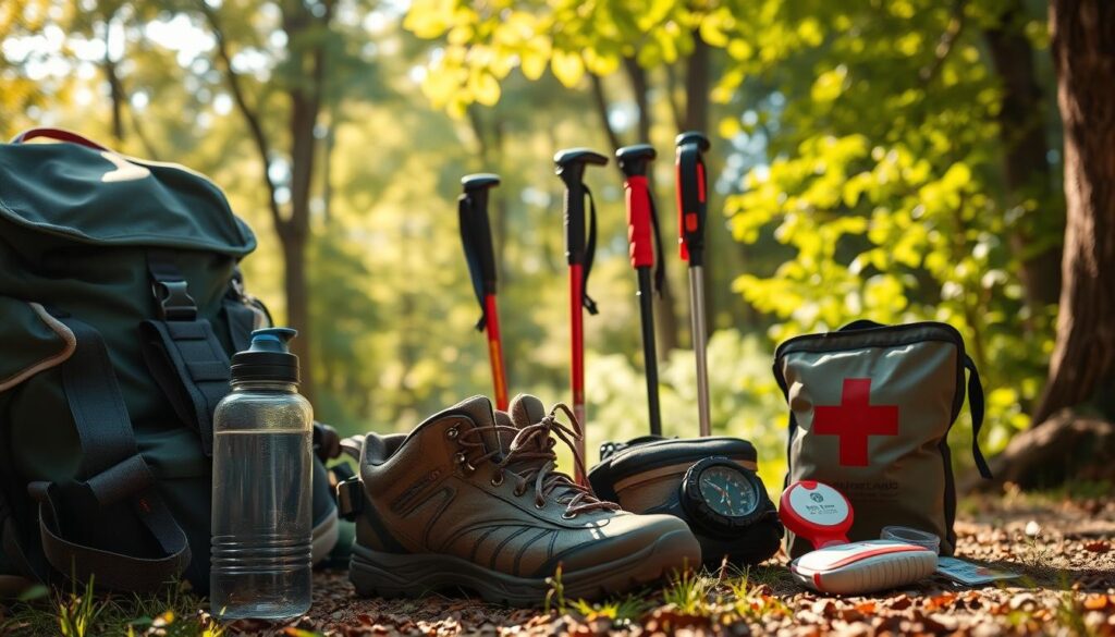 A well-organized outdoor scene showcases essential hiking gear. In the foreground, a backpack, hiking boots, and a water bottle are neatly arranged, conveying preparedness. The middle ground features hiking poles, a compass, and a first-aid kit, suggesting the need for navigation and safety. In the background, a lush, verdant forest with dappled sunlight creates a serene, adventurous atmosphere. The lighting is natural and warm, casting a golden glow over the scene. The camera angle is slightly elevated, creating a sense of depth and emphasizing the thoughtful curation of the hiking essentials.