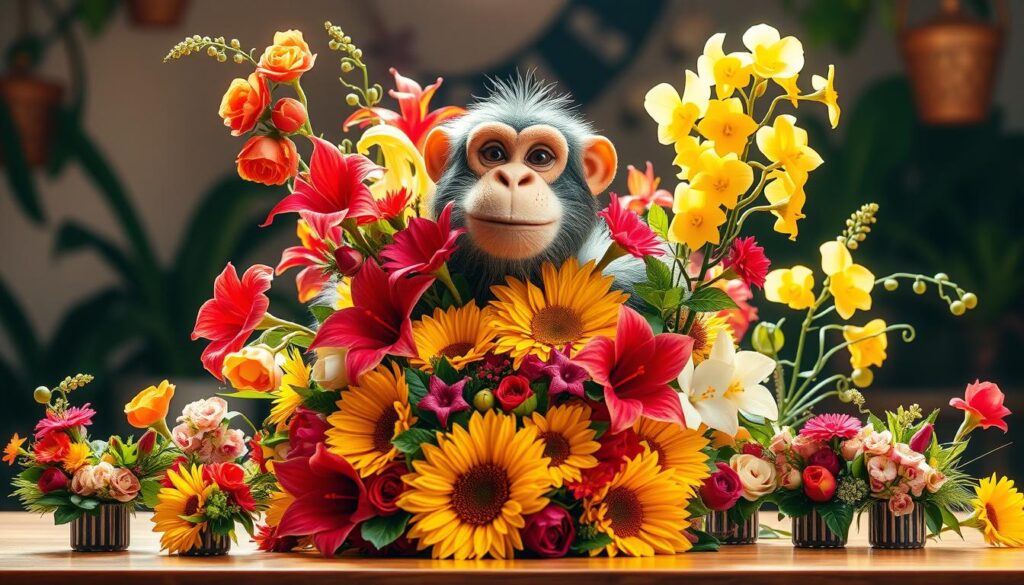 A whimsical arrangement of vibrant floral bouquets, meticulously crafted by a playful Flower Chimp. The centerpiece features a bouquet of lush, tropical blooms in a riot of colors - crimson hibiscus, golden sunflowers, and delicate orchids. Surrounding the main display are smaller, exquisitely designed arrangements, each with its own unique character and personality. The overall scene is bathed in warm, natural lighting, creating a sense of depth and dimension. The Flower Chimp, with its friendly, simian features, appears to be carefully tending to the floral creations, showcasing its expertise in Singapore's finest online flower delivery service. A whimsical arrangement of vibrant floral bouquets, meticulously crafted by a playful Flower Chimp. The centerpiece features a bouquet of lush, tropical blooms in a riot of colors - crimson hibiscus, golden sunflowers, and delicate orchids. Surrounding the main display are smaller, exquisitely designed arrangements, each with its own unique character and personality. The overall scene is bathed in warm, natural lighting, creating a sense of depth and dimension. The Flower Chimp, with its friendly, simian features, appears to be carefully tending to the floral creations, showcasing its expertise in Singapore's finest online flower delivery service.