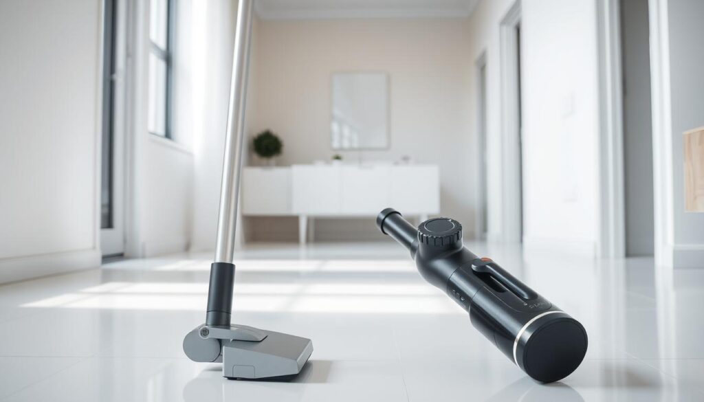 A wide-angle shot of a cordless stick vacuum and a handheld vacuum cleaner facing each other on a modern, minimalist home interior setting. The stick vacuum is sleek and silver, with a long, slim profile, while the handheld model is compact and black, with a rounded ergonomic design. The two vacuums are illuminated by soft, diffused lighting, casting gentle shadows on the clean, white tile floor. The scene conveys a sense of comparison and contrast, highlighting the key differences in size, form, and intended use between these two popular vacuum cleaner types.