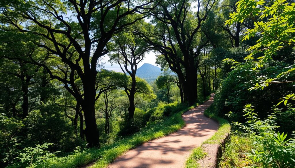 A winding hiking trail winds its way through the lush, verdant foliage of Bukit Timah Nature Reserve. Towering trees cast dappled shadows across the path, creating a serene, natural atmosphere. Sunlight filters through the canopy, illuminating the trail ahead with a warm, golden glow. In the distance, the summit of Singapore's highest point rises majestically, beckoning hikers to explore its rugged, rocky terrain. The trail is dotted with hardy, resilient flora, their vibrant greens and bursts of color adding to the captivating natural beauty of this iconic Singaporean landmark.