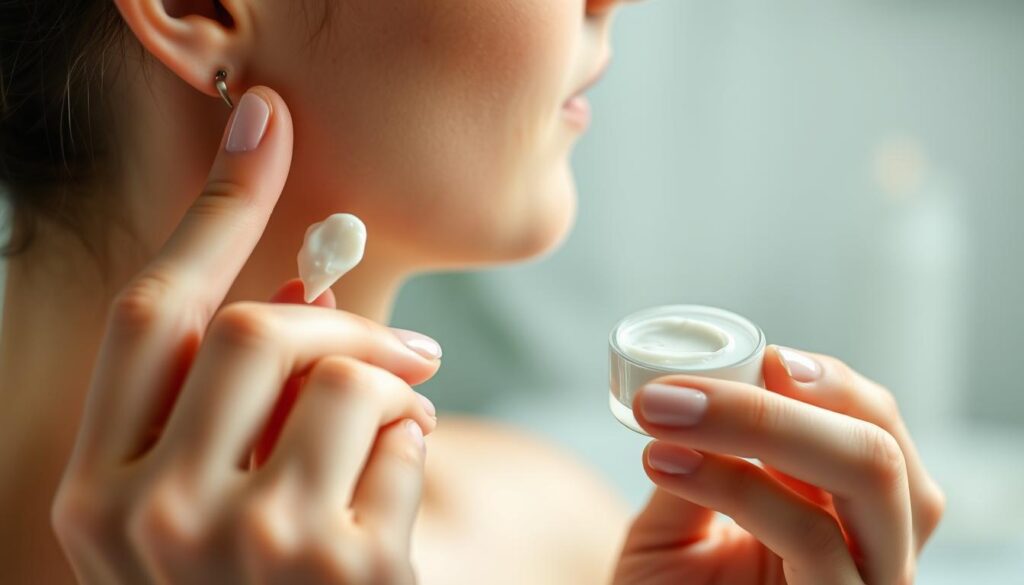A woman's hands carefully applying eye cream to the delicate skin around her eyes. The image is shot in close-up, with a soft, diffused light illuminating the scene. The woman's face is out of frame, allowing the focus to remain on the precise application technique. The background is blurred, creating a serene, spa-like atmosphere. The woman's movements are graceful and deliberate, emphasizing the importance of this step in a skincare routine. The texture of the eye cream is visible, and the woman's fingertips gently dab and pat the product into the skin, ensuring even coverage. The overall mood is one of relaxation and self-care.