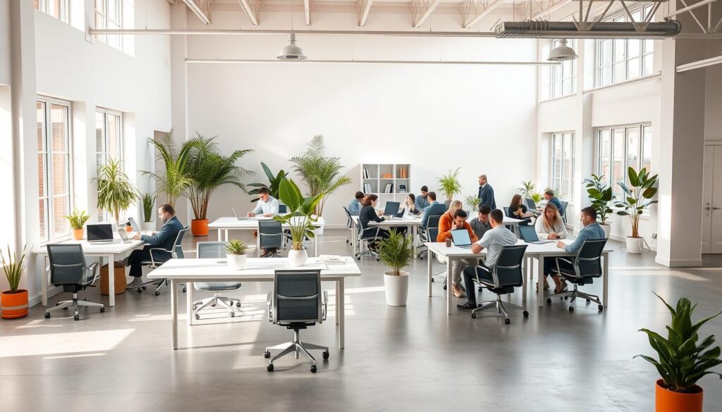Airy, sun-drenched co-working space with modern minimalist decor. Spacious, open-plan layout with sleek white desks, ergonomic chairs, and ample natural lighting streaming through large windows. Potted plants and greenery add pops of color, creating a serene, productive atmosphere. Groups of professionals and students huddle around tables, laptops open, engaged in collaborative work. Warm, diffused lighting casts a soft glow, complementing the polished concrete floors and exposed ceiling beams. High ceilings and clean lines evoke a sense of calm focus, ideal for concentrated study and creative ideation.