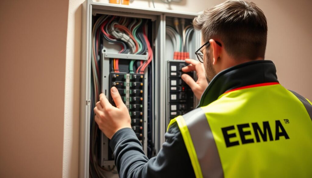 An EMA-licensed electrician, wearing a high-visibility safety vest, working diligently on a residential electrical panel. The scene is well-lit with a soft, diffused lighting that emphasizes the intricate details of their work. The electrician's hands move with precision, conveying their expertise and commitment to safety. The electrical panel is meticulously organized, with neatly labeled components and a clean, organized layout. The background is slightly blurred, creating a sense of focus on the electrician's skilled task at hand. The overall atmosphere exudes professionalism, attention to detail, and a dedication to providing safe and reliable electrical services.