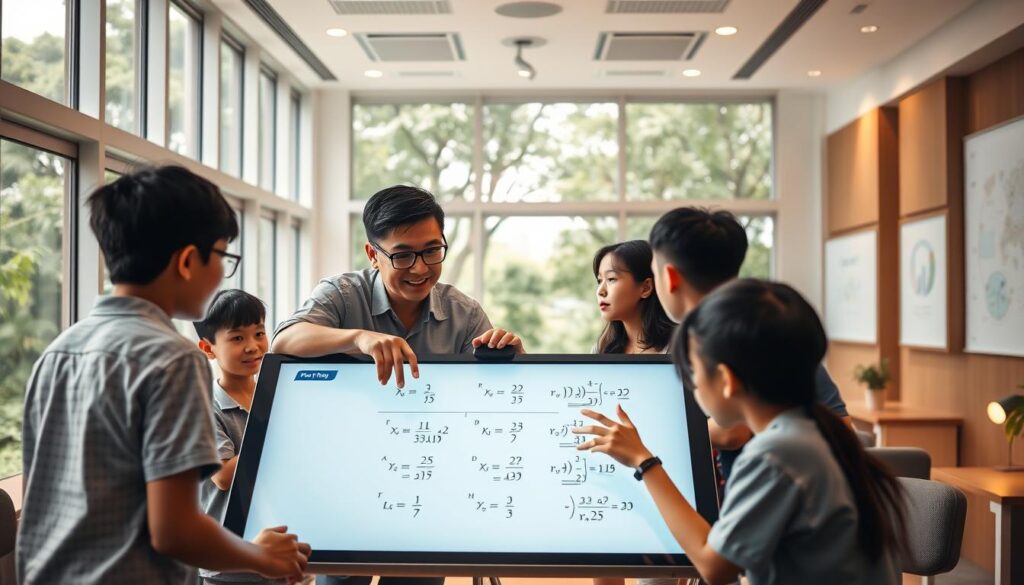 An airy, sunlit classroom with floor-to-ceiling windows overlooking the lush greenery of Singapore. At the center, a group of focused students huddled around a patient, bespectacled tutor, studying advanced math problems on a large interactive whiteboard. The tutor's hands move with precise, encouraging gestures as they guide the students through complex equations, the room filled with an atmosphere of collaborative learning. Warm lighting casts a inviting glow, while the carefully curated décor and modern furnishings evoke a sense of calm professionalism. This is the NickleBee Tutors' advanced primary math and Olympiad preparation space, where young minds are nurtured and empowered to excel.