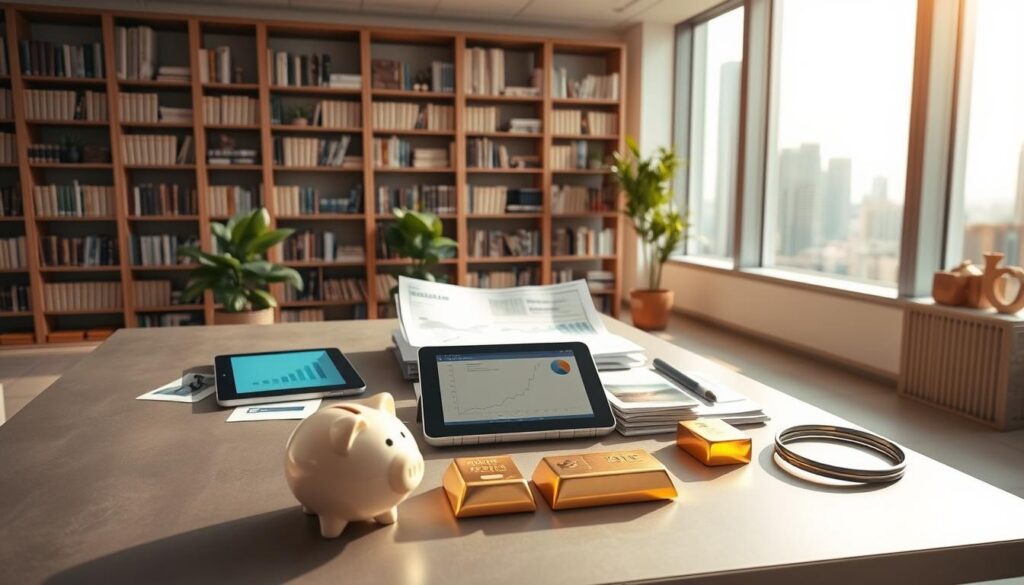 An airy, sunlit room showcases a meticulously arranged tableau of investment alternatives. In the foreground, a sleek silver desk displays a row of piggy banks, cash stacks, and a glimmering golden bar. The middle ground features an array of financial documents, a tablet displaying charts, and a magnifying glass, all bathed in a warm, natural light. In the background, tall bookshelves filled with financial tomes, a potted plant, and a large window overlooking a bustling city skyline create a sense of professionalism and expertise. The overall composition conveys a balanced, thoughtful exploration of the best fixed deposit rate alternatives in Singapore.