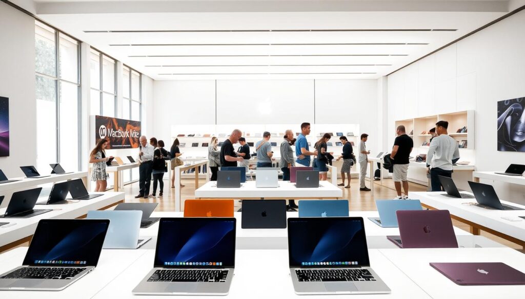 An airy, well-lit Apple Retail Store showcasing a sleek selection of MacBook laptops in Singapore. The storefront's floor-to-ceiling windows let in natural light, creating a bright, inviting atmosphere. In the foreground, an array of MacBook models in various colors are artfully displayed on pristine white tables, their aluminum bodies gleaming. Shoppers, casually dressed, browse the selection, testing the keyboards and trackpads. In the background, the store's minimalist design elements, such as the signature Apple logo and clean lines, reinforce the brand's premium aesthetic. A sense of sophistication and cutting-edge technology permeates the scene, catering to the discerning MacBook enthusiast.
