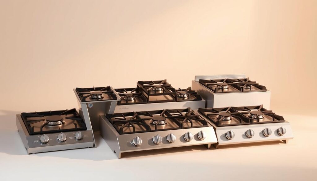 An artful display of top-of-the-line gas hobs, meticulously arranged in a well-lit studio setting. The hobs, crafted with sleek stainless steel and elegant knobs, stand out against a clean, neutral background, allowing their features and design to shine. Warm, directional lighting casts subtle shadows, accentuating the contours and highlighting the high-quality construction. The arrangement is visually balanced, with the hobs presented at various angles to showcase their versatility and functionality. An air of sophistication and attention to detail pervades the scene, inviting the viewer to imagine the culinary possibilities these premium gas hobs could unlock.
