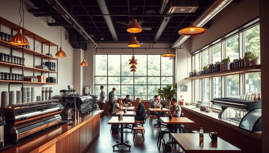 An elegant and well-lit interior of Tiong Hoe Specialty Coffee, a renowned Singaporean coffee roaster. The scene showcases the café's minimalist and modern design, with clean lines, natural wood accents, and abundant natural light streaming in through large windows. Rows of sleek, stainless steel coffee machines and equipment stand ready to craft the perfect cup. Customers can be seen seated at polished wooden tables, immersed in conversation and the aroma of freshly roasted beans. Warm pendant lighting casts a cozy glow, while industrial-chic shelving displays the company's premium coffee offerings. The overall atmosphere evokes a sense of timeless sophistication and a reverence for the art of coffee making.