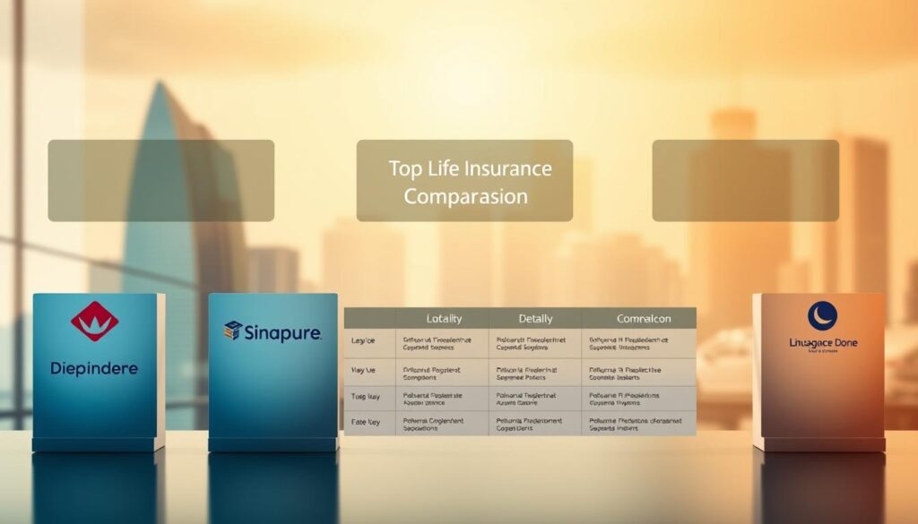 An elegant comparison chart showcasing the top life insurance providers in Singapore, set against a warm, professional backdrop. In the foreground, five distinct insurance company logos are prominently displayed, each with a subtle gradient effect to create visual interest. The middle ground features a minimalist table layout, highlighting key plan details in a clean, organized manner. The background depicts a soft, blurred cityscape, conveying a sense of urban sophistication. Balanced lighting casts a subtle glow, while a shallow depth of field draws the viewer's attention to the central comparison elements. The overall atmosphere is one of authority, credibility, and attention to detail, befitting the subject matter. An elegant comparison chart showcasing the top life insurance providers in Singapore, set against a warm, professional backdrop. In the foreground, five distinct insurance company logos are prominently displayed, each with a subtle gradient effect to create visual interest. The middle ground features a minimalist table layout, highlighting key plan details in a clean, organized manner. The background depicts a soft, blurred cityscape, conveying a sense of urban sophistication. Balanced lighting casts a subtle glow, while a shallow depth of field draws the viewer's attention to the central comparison elements. The overall atmosphere is one of authority, credibility, and attention to detail, befitting the subject matter.