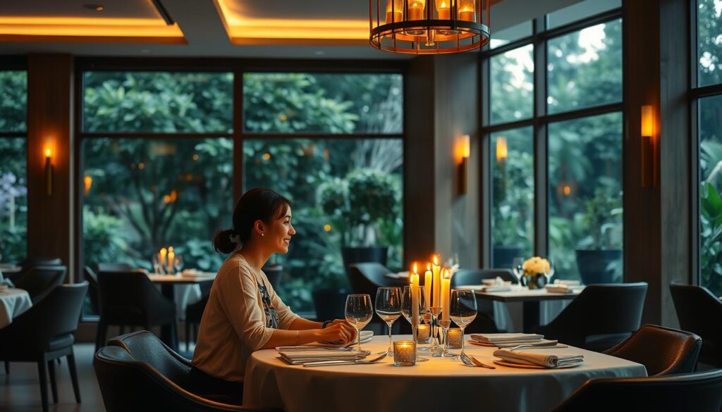 An elegant interior of Dew by Whitegrass fusion restaurant in the historic CHIJMES complex. The dining room features a contemporary design with clean lines, warm lighting, and natural materials like wood and stone. Large windows provide a serene view of the surrounding greenery. A couple is enjoying an intimate birthday celebration, their faces lit by the soft glow of flickering candles on the table. The atmosphere is one of refined sophistication and tranquility, with the menu showcasing a harmonious fusion of modern European and Asian cuisines.