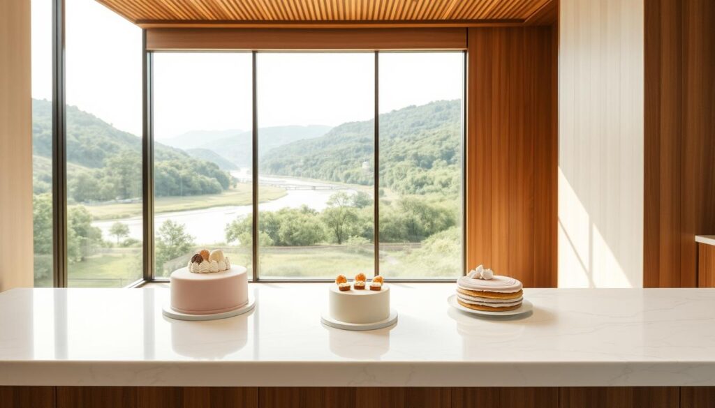 An elegant minimalist cake display set against the serene backdrop of a riverside valley. In the foreground, delicate pastel-colored pastries sit atop a sleek white marble counter, their simple yet sophisticated designs accentuated by soft, diffused lighting. The middle ground features a large picture window, offering a panoramic view of the lush greenery and flowing river beyond. The background is composed of warm, earthy tones, with wooden accents and clean lines creating a calming, harmonious atmosphere. The overall scene conveys a sense of tranquility and refined sophistication, perfectly capturing the essence of Pantler's artisanal cakes in the picturesque River Valley setting.