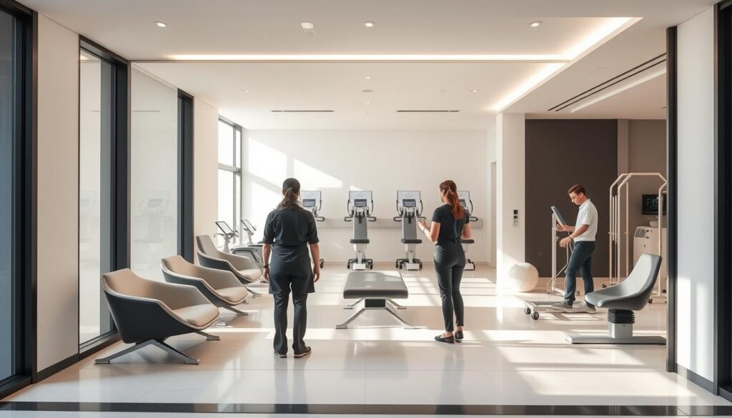 An elegant, modern facade with large windows and a minimalist design. Inside, a bright and airy space with sleek, ergonomic furniture, and state-of-the-art physiotherapy equipment. Therapists in crisp, professional attire engage with patients, guiding them through personalized rehabilitation programs. Soft, natural lighting filters in, creating a calming, therapeutic atmosphere. The clinic exudes an air of expertise and care, reflecting the high standards of physiotherapy in Singapore.