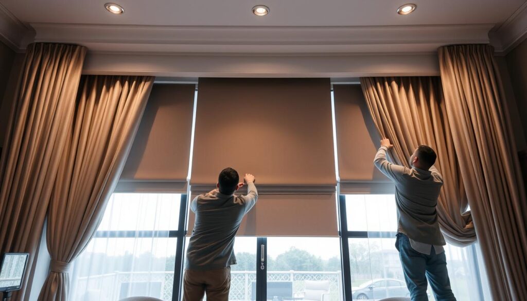 An elegantly lit, high-quality curtains and blinds installation scene. A large window frames the middle ground, where skilled installers meticulously measure and adjust premium, flowing curtain panels in a range of luxurious fabrics. Soft, diffused lighting from overhead fixtures highlights the attention to detail, as the installers demonstrate their decades of expertise. The background showcases a tastefully decorated, modern living space, hinting at the transformative potential of the custom curtain solutions on display. A serene, sophisticated atmosphere permeates the entire composition, capturing the essence of premium curtain craftsmanship. An elegantly lit, high-quality curtains and blinds installation scene. A large window frames the middle ground, where skilled installers meticulously measure and adjust premium, flowing curtain panels in a range of luxurious fabrics. Soft, diffused lighting from overhead fixtures highlights the attention to detail, as the installers demonstrate their decades of expertise. The background showcases a tastefully decorated, modern living space, hinting at the transformative potential of the custom curtain solutions on display. A serene, sophisticated atmosphere permeates the entire composition, capturing the essence of premium curtain craftsmanship.