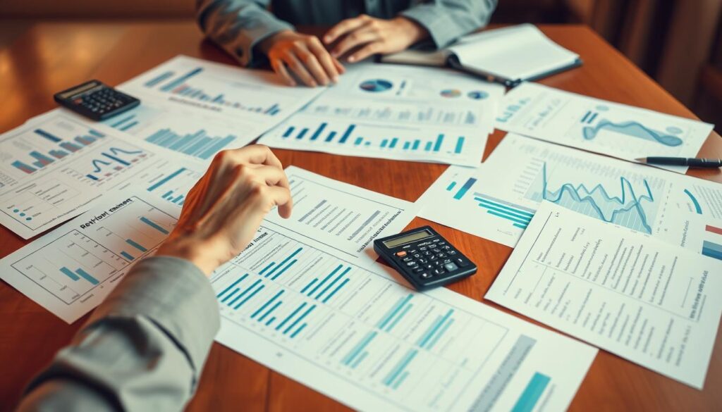 An expansive financial plan comparison spread across a polished wooden table, with an array of detailed documents, graphs, and calculators meticulously arranged. Soft, warm lighting bathes the scene, creating a contemplative and authoritative atmosphere. In the foreground, a pair of mature hands thoughtfully review the materials, suggesting the careful consideration of retirement strategies. The middle ground features neatly organized folders and files, conveying the comprehensive nature of the plan. The background softly blurs, focusing the viewer's attention on the central decision-making process.