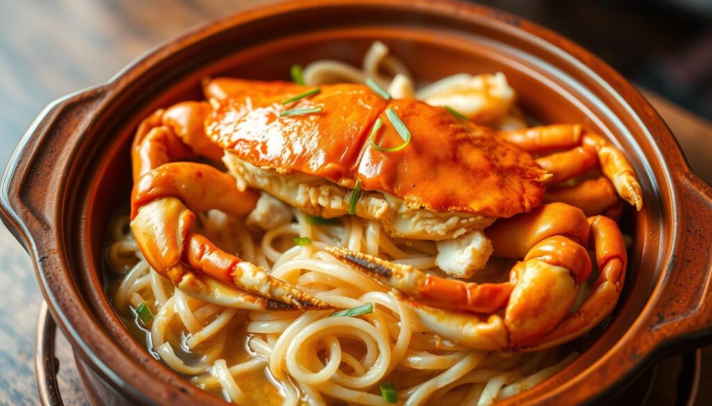 An exquisitely plated claypot filled with succulent crab meat, nestled in a bed of savory rice noodles. The crab's rich, buttery flesh glistens under the warm, natural lighting, its vibrant orange hue accentuated by the earthy tones of the claypot. Slivers of green onion and ginger add a fresh, aromatic touch, while the sizzling broth infuses the dish with an irresistible umami flavor. The scene is set against a softly blurred background, conveying a cozy, family-friendly atmosphere, inviting the viewer to savor the comforting and satisfying experience of Uncle Leong Seafood's renowned claypot crab.