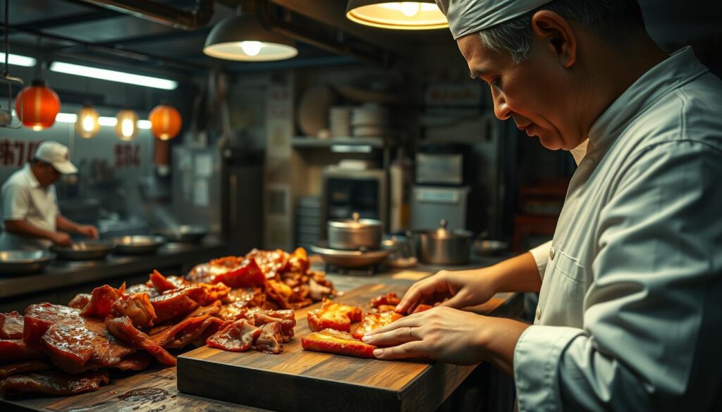 An intimate, chiaroscuro-style scene of a renowned char siew master in Singapore, captured in his kitchen. The foreground features the chef, wearing a crisp white uniform, meticulously arranging char siew slices on a wooden chopping board, the glistening fat and caramelized edges reflecting the warm overhead lighting. In the middle ground, the bustling kitchen is visible, with chefs tending to sizzling woks and the aroma of roasted pork filling the air. The background depicts the humble storefront, its weathered signage and familiar facade hinting at the restaurant's decades-long legacy. The overall mood is one of reverence, showcasing the craft and artistry of Singapore's celebrated char siew masters.