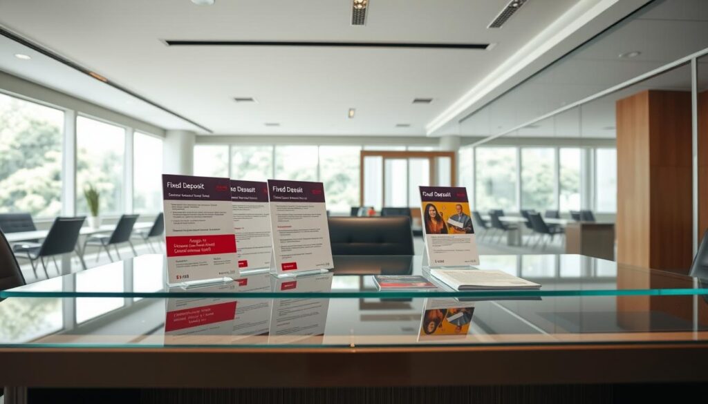 An office desk with a clear glass top, showcasing a neatly arranged display of brochures and documents highlighting various bank fixed deposit offerings in Singapore. The desk is set against a backdrop of a modern, minimalist office interior, with large windows allowing natural light to flood the space. The materials used are sleek and contemporary, with clean lines and a neutral color palette. The overall atmosphere conveys a sense of professionalism, attention to detail, and the pursuit of sound financial decisions.