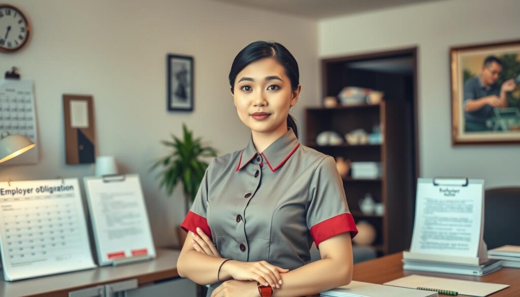 An office interior with a professional domestic helper, dressed in a neat uniform, standing before a desk with employer documents and paperwork. Soft, warm lighting illuminates the scene, conveying a sense of professionalism and responsibility. The helper's expression is attentive and poised, reflecting their role in adhering to employer obligations. In the background, subtle details such as a calendar, potted plant, and tasteful artwork suggest a organized, welcoming workspace. The overall composition emphasizes the collaborative nature of the employer-helper relationship and the importance of understanding mutual rights and responsibilities.
