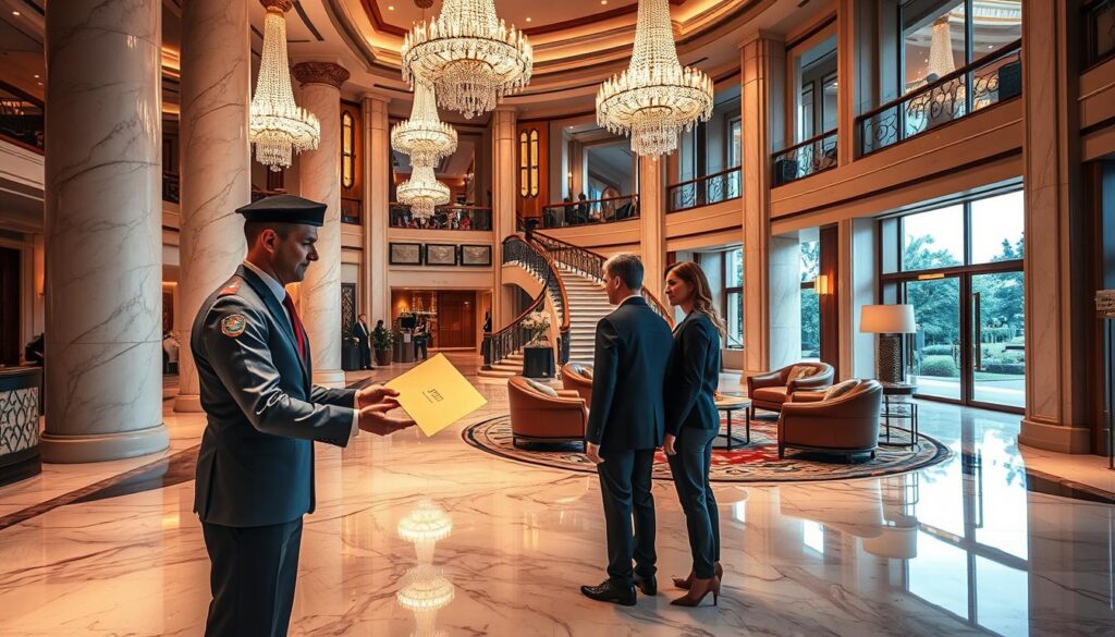 An opulent hotel lobby with gleaming marble floors, towering columns, and cascading crystal chandeliers. In the foreground, a concierge in a crisp uniform greets a well-dressed couple, offering them a gold-embossed envelope containing exclusive VIP amenities. The middle ground features luxurious leather armchairs and a grand staircase leading to private suites. The background showcases floor-to-ceiling windows overlooking a manicured garden. Soft, warm lighting sets a lavish, indulgent atmosphere, capturing the essence of exceptional hospitality and exclusive privileges.