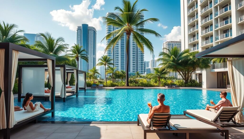 An opulent hotel pool in Singapore, its azure waters sparkling under the warm tropical sun. Elegant cabanas line the poolside, offering shaded lounging areas. In the background, lush palm trees sway gently, framing the modern high-rise hotel architecture. The poolscape is designed with a refined, minimalist aesthetic, featuring sleek tiled surfaces and contemporary outdoor furniture. Guests enjoy the inviting ambiance, sipping refreshing cocktails as they relax by the pool, taking in the stunning cityscape views. The scene conveys a sense of luxurious, resort-style living in the heart of the vibrant Singapore metropolis.