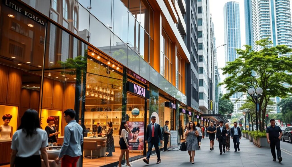 An upscale street in Singapore's vibrant Little Korea district, lined with sleek, modern Korean hair salons. The salons have floor-to-ceiling windows showcasing stylish haircuts, vibrant hair colors, and attentive staff. Warm, golden lighting illuminates the polished interiors, creating a welcoming, high-end ambiance. In the foreground, well-dressed patrons enter and exit the salons, reflecting the neighborhood's trendy, cosmopolitan vibe. The background features lush greenery and towering skyscrapers, blending Singapore's urban and natural elements. A sense of sophistication and attention to detail pervades the scene, capturing the essence of Singapore's top Korean hair salons.